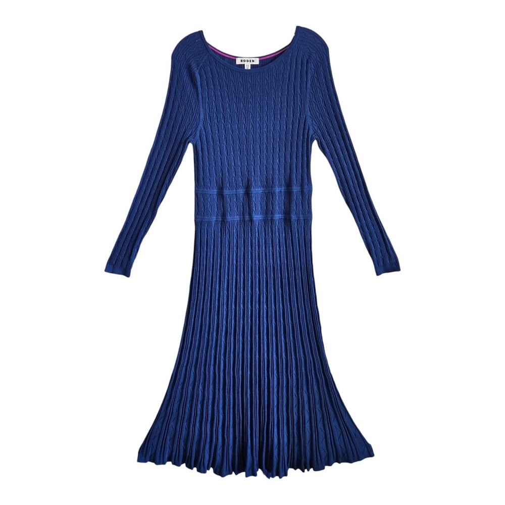 BODEN Women's 12 Imogen Knit Midi Dress Blue Textured Long Sleeve Flared Bust 34